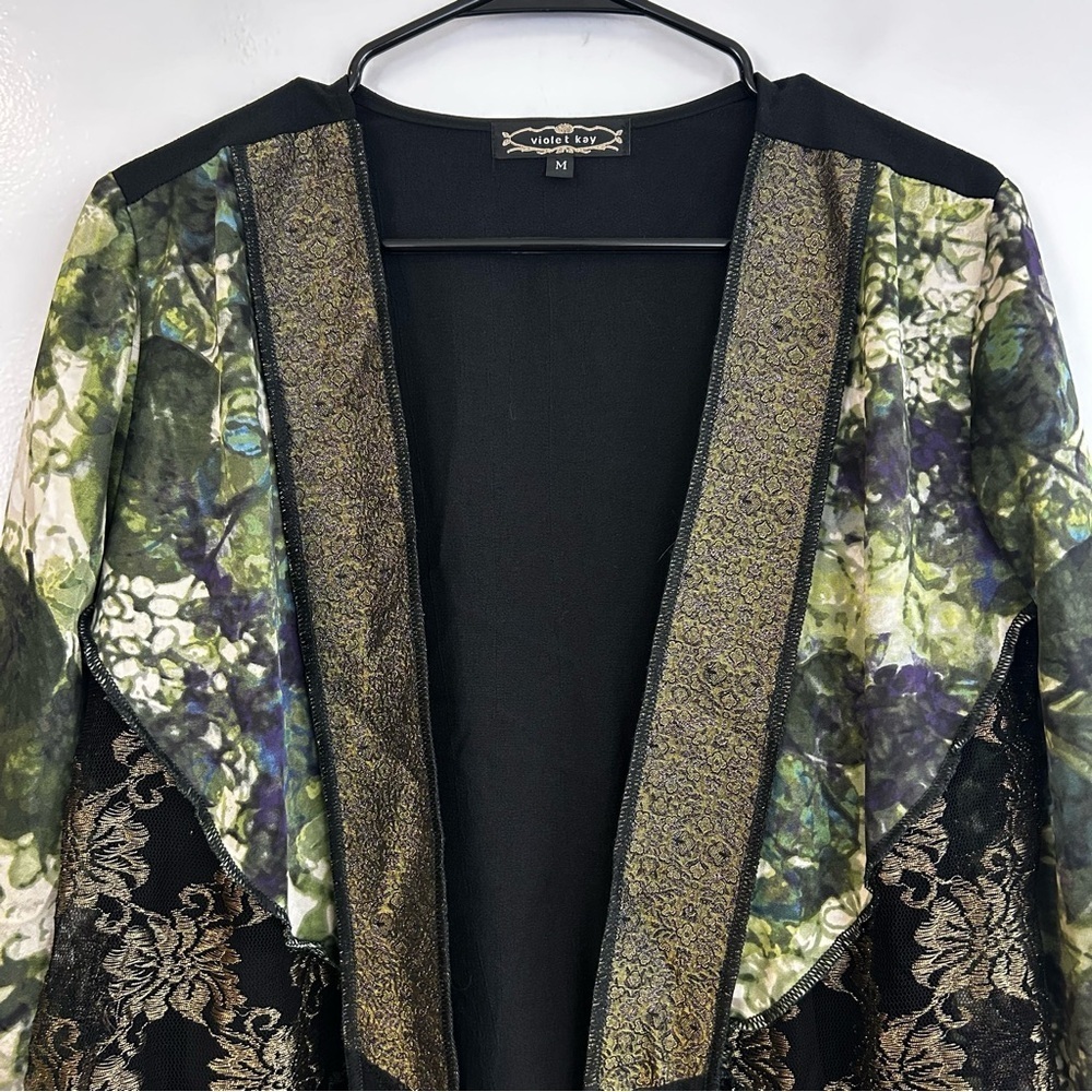 Violet Kay Black/Gold Open Front Asymmetrical Lace/Floral Kimono/Jacket Medium - Picture 2 of 11